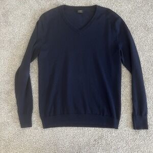 J. CREW Sweater Men's Small Slim Navy Blue V- Neck 100% Merino Wool Lightweight